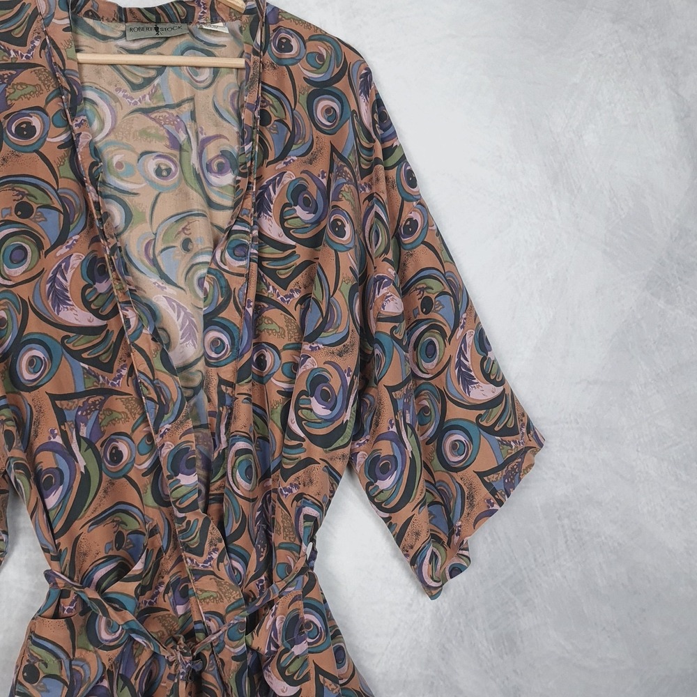 Vintage Robert Stock Silk Robe Mens One Size Brown Blue Peacock Feather Belted